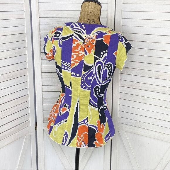 Sequel Abstract Paisley Tie Neck Panel Button Front Shirt Purple Multi 8 - Picture 4 of 12